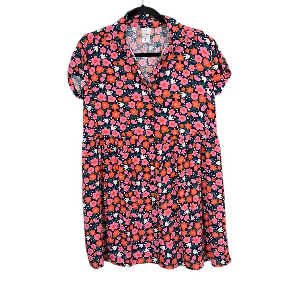 Hanna Anderson Vibrant Floral Dress Womens XS Pockets‎ Swing Mini Button Down